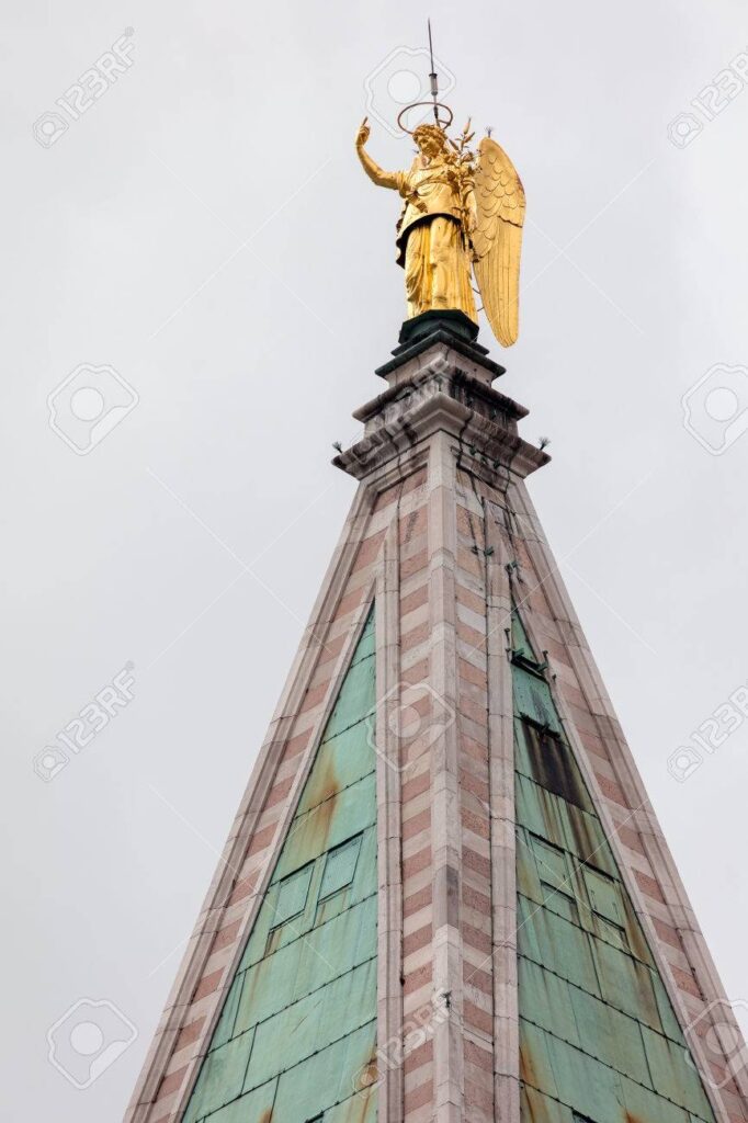 Golden angel Gabriel weather vane of top of the 16th century St. Mark's Campanile 