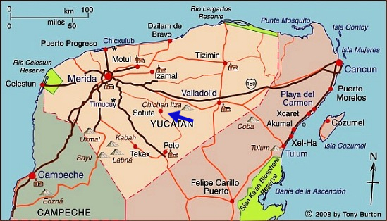 Map of the Yucatan showing Chichen Itza