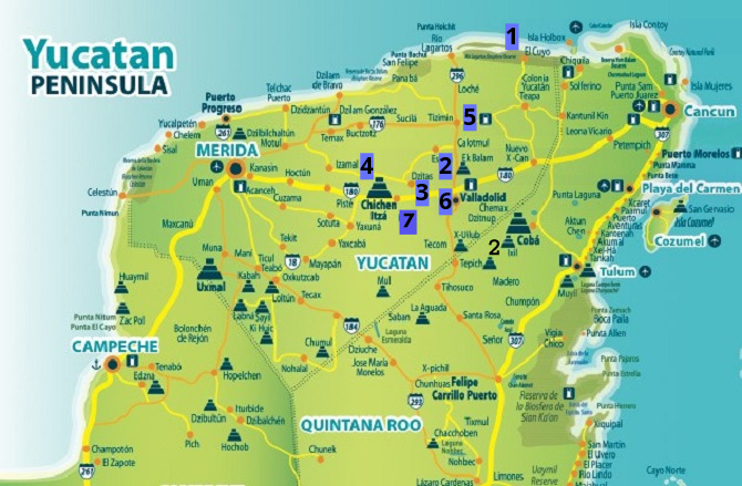 Pic of map of the Yucatan showing locations of the day trips