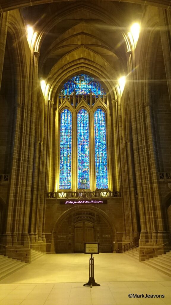 stained glass window inside the Liverpool Cathedral