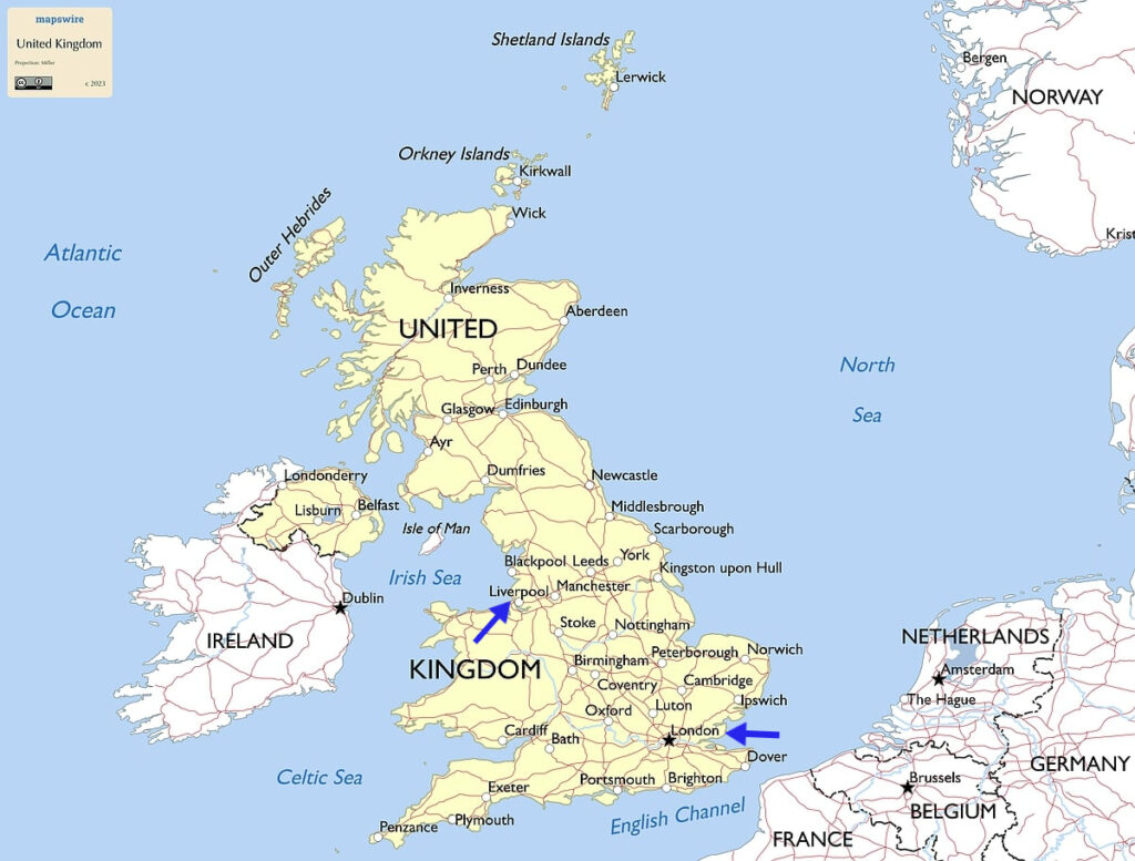 map of Great Britain highlighting Liverpool and London