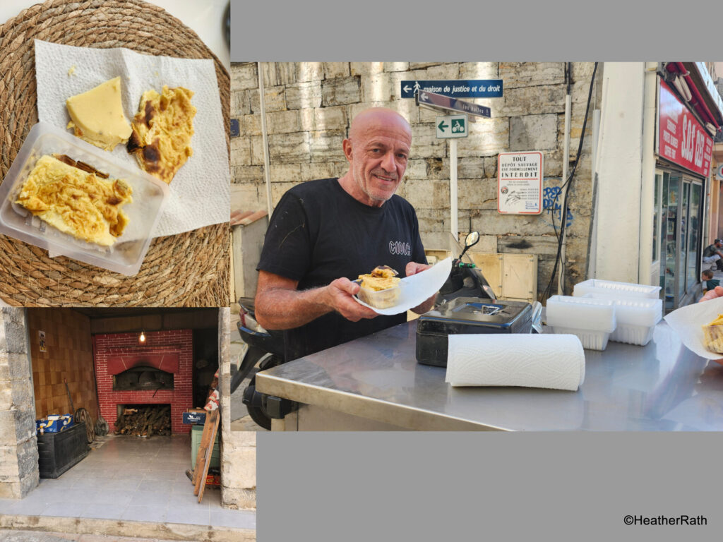 A specialty food in Toulon France is cade. This seller makes it using a pizza oven.