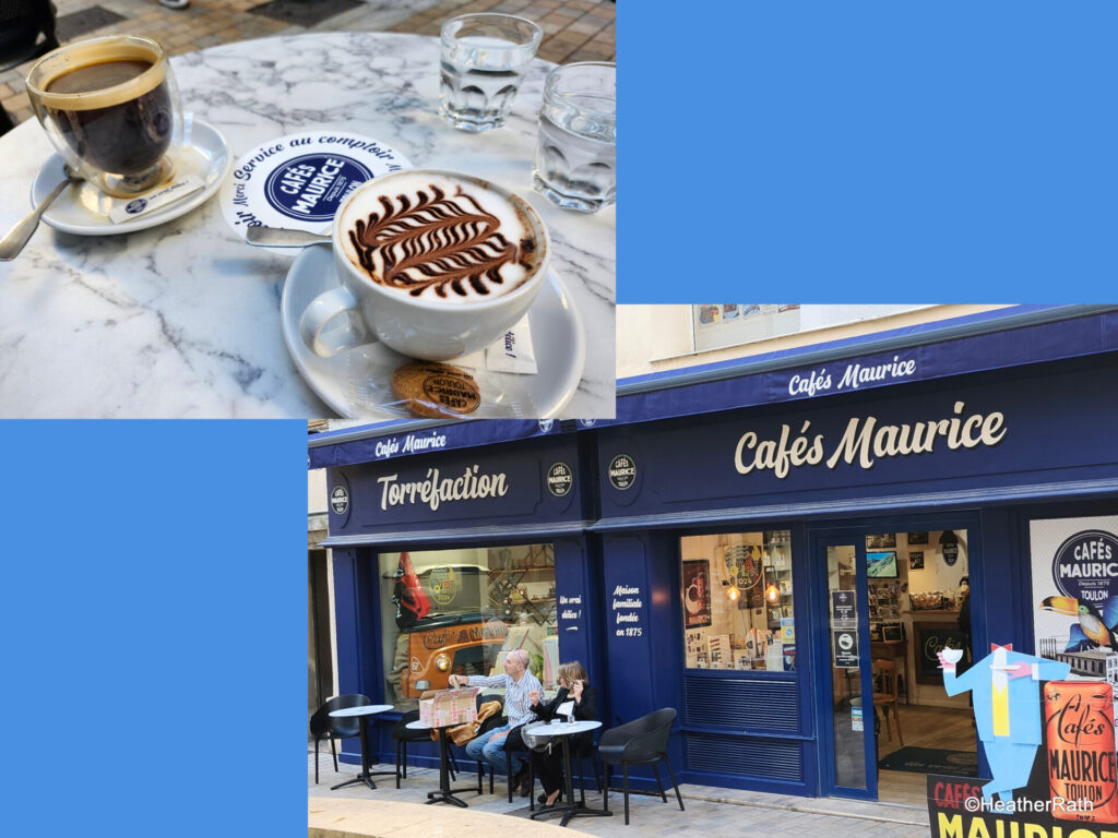 Cafes Maurice with a pic of americano coffee and Cappuccino. Outside photo shows a couple enjoying coffee outside in Toulon France