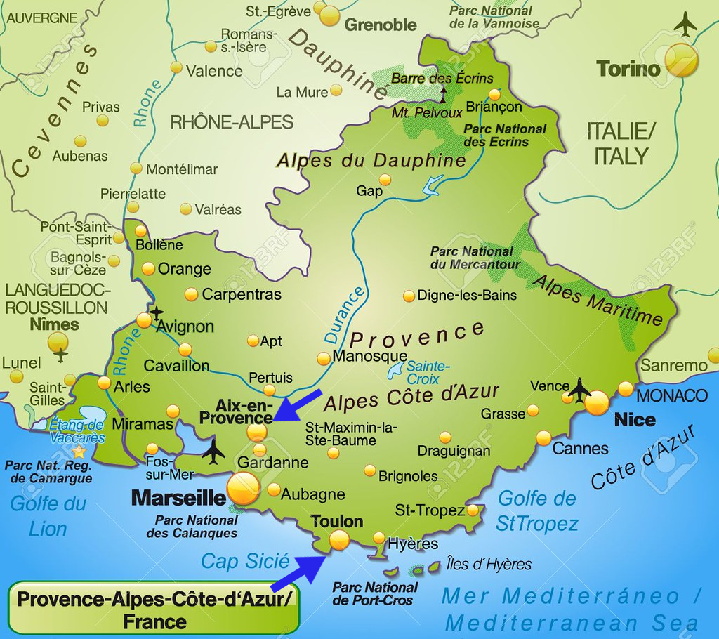 map showing  Aix en Provence between Marseille and Avignon