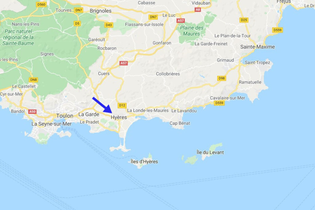 map of Hyères , east of Toulon. Another of your day trips from Toulon France