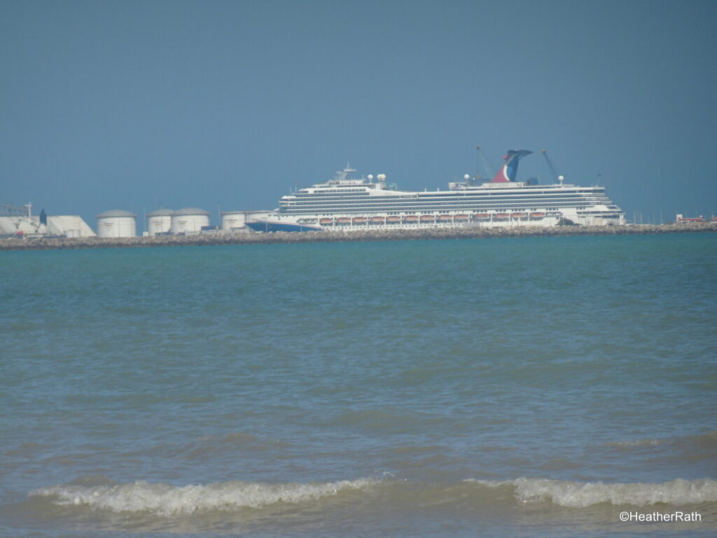 Photo showing a cruise ship docked at the end of the Progreso pier