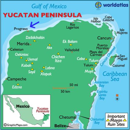 Map of Mexico showing the location of Progreso, Yucatan on the Gulf of Mexico