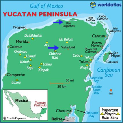map of Yucatan Peninsula showing location of Rio Lagartos
