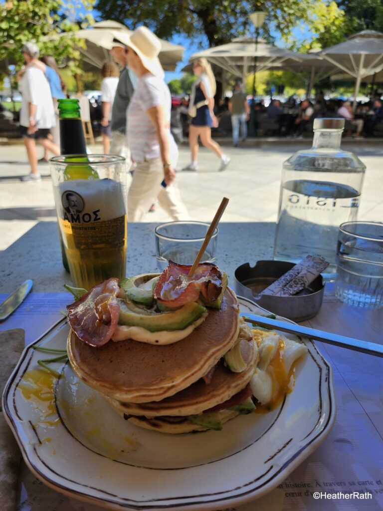 pic of avocado pancake breakfast and beer at the Liston Cafe restaurant