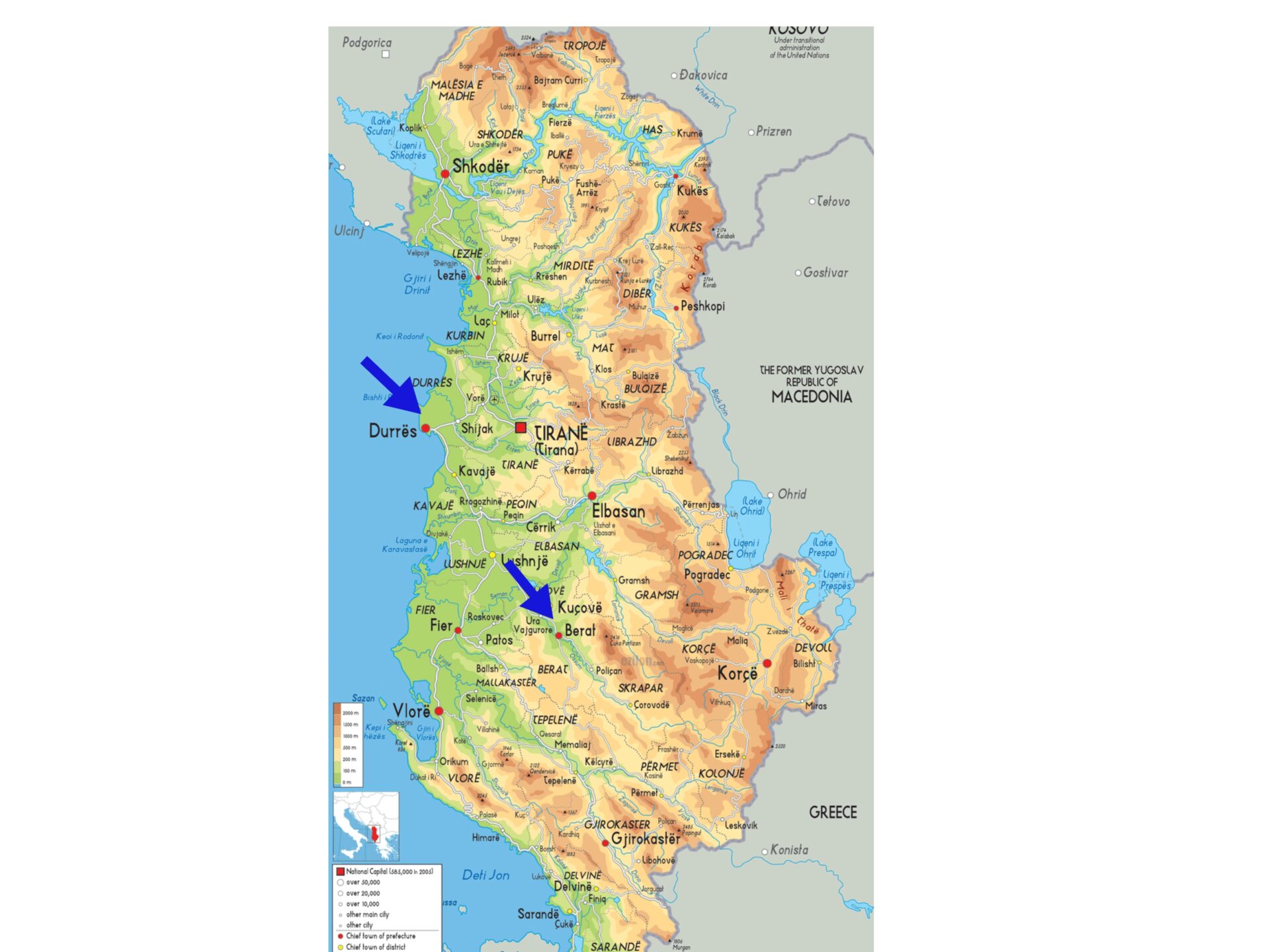map of Albania showing Durres and Berat