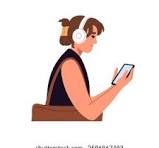 clipart of woman with headphones listening to tour instructions on mobile phone
