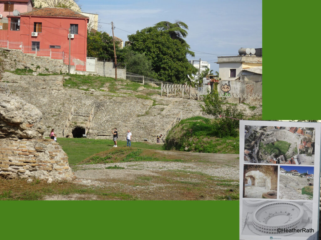 photo of roman amphitheatre with inset of original plan