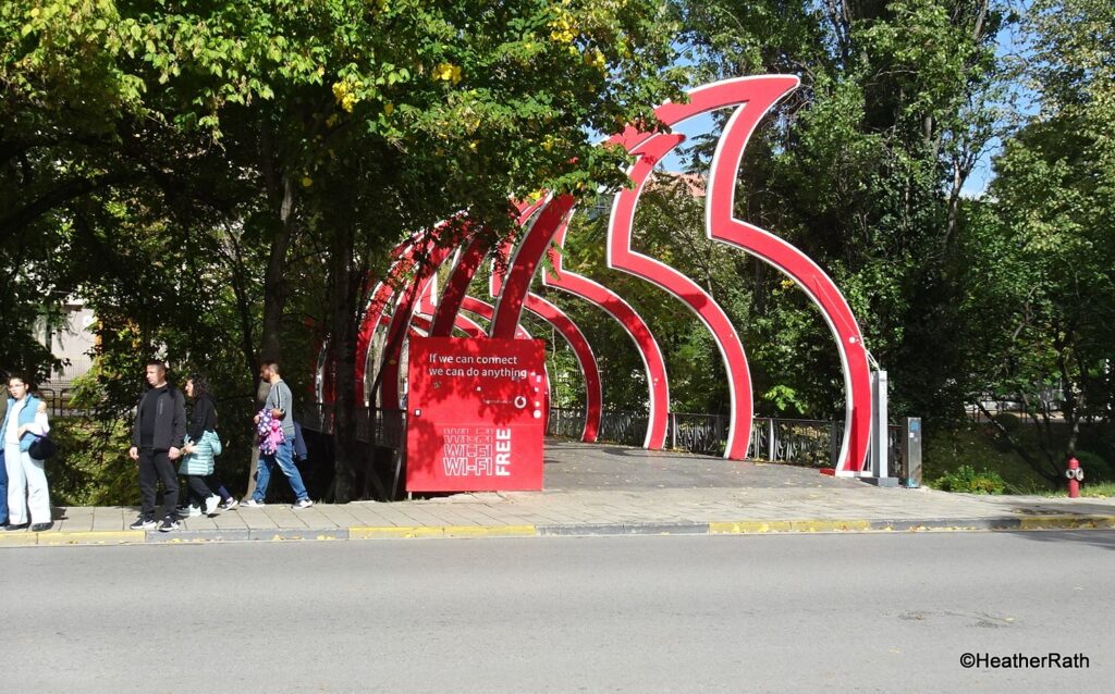 Pic of outside display/sign in red of wifi connections in Tirana