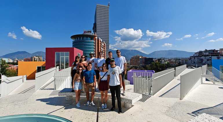 Pic of group of people on a free walking tour of Tirana